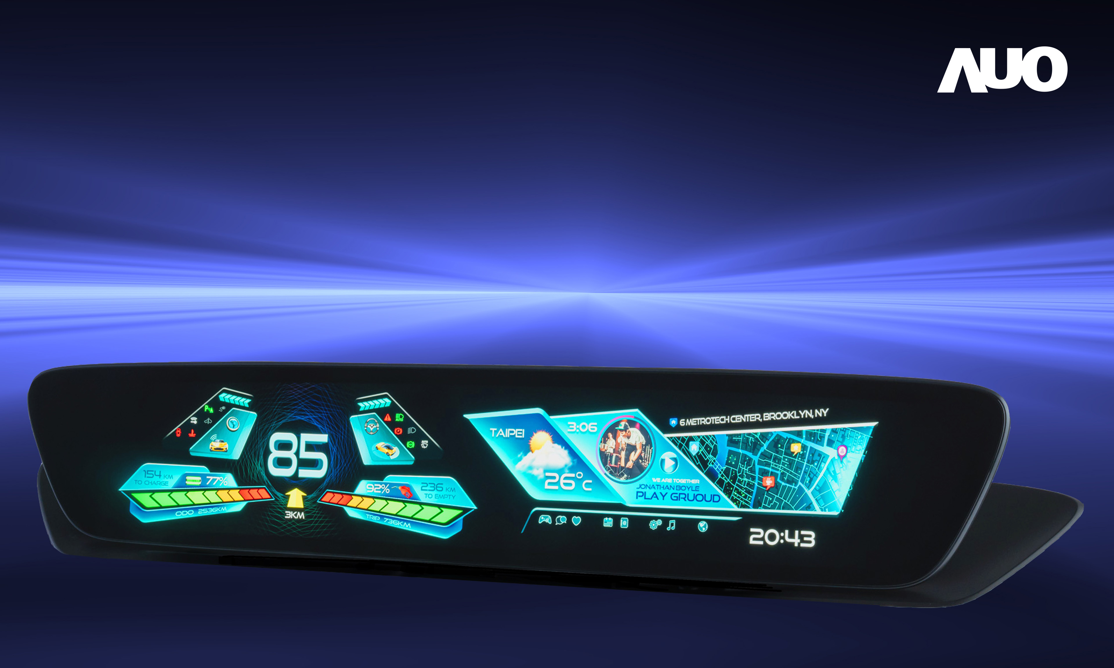 米兰milan30.4吋異形曲面AmLED車載顯示系統，為一兼具儀表板及中控台人機介面的創新車載顯示系統，結合美學設計，提升車內科技沉浸感及使用體驗，讓車載顯示的未來應用更加多元化