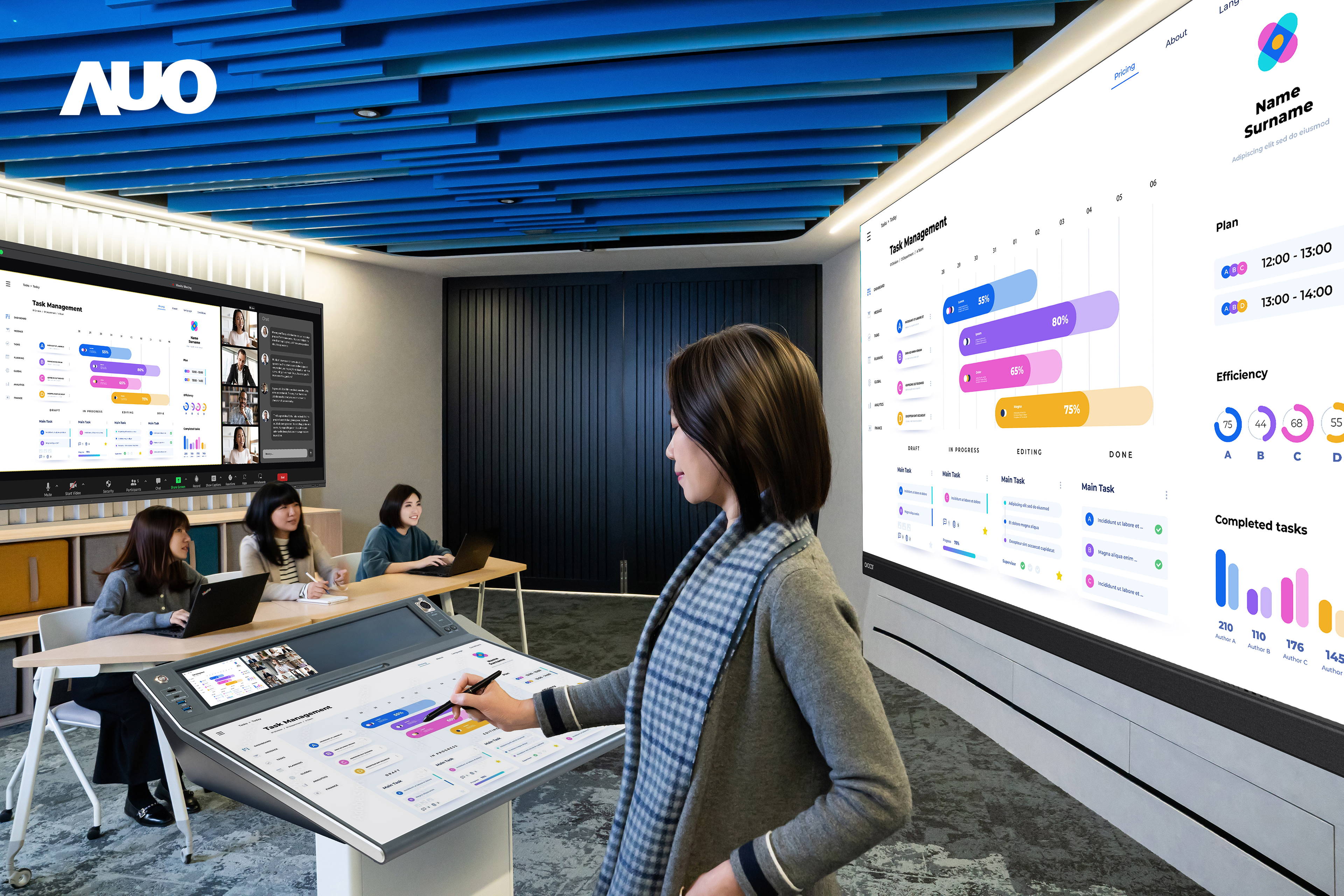 達擎攜手Avocor與Rise Vision展示全方位商務領域應用，包含採用模組化設計的138吋一體式All-in-One LED顯示器及具21:9超寬比例的92吋互動式電子白板（IFPD），講者可輕鬆分享內容，有效提升會議協作效率。